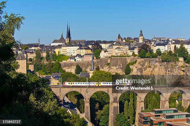 germany, saarland, train, viaduct, cityscape, luxemburg city - kirchberg luxemburg bildbanksfoton och bilder