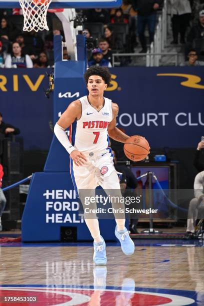 Killian Hayes of the Detroit Pistons dribbles the ball during the game against the Portland Trail Blazers on November 1, 2023 at Little Caesars Arena...