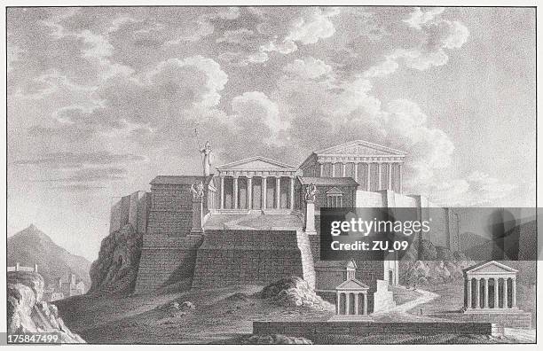 blick auf die akropolis - antike kultur stock-grafiken, -clipart, -cartoons und -symbole