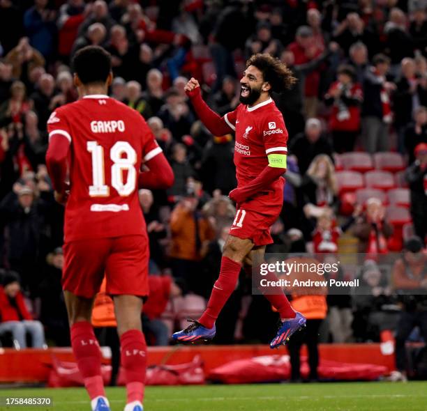 Mohamed Salah of Liverpool celebrates after scoring the fifth goal during the UEFA Europa League 2023/24 match between Liverpool FC and Toulouse FC...