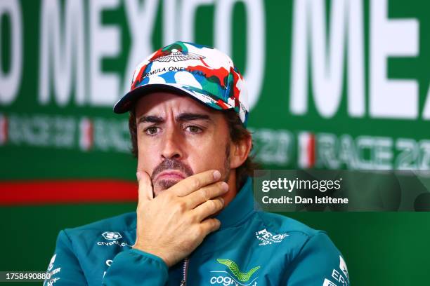 Fernando Alonso of Spain and Aston Martin F1 Team attends the Drivers Press Conference during previews ahead of the F1 Grand Prix of Mexico at...