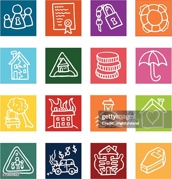insurance related flat block icon set - flood damage stock illustrations