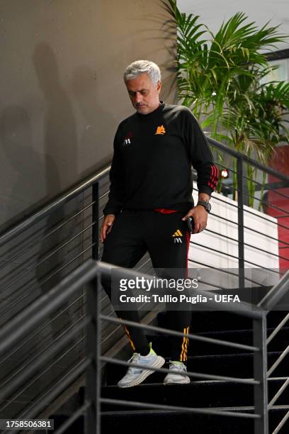 Jose Mourinho, Head Coach of AS Roma, walks to the post match press conference at full-time following the UEFA Europa League 2023/24 match between AS...