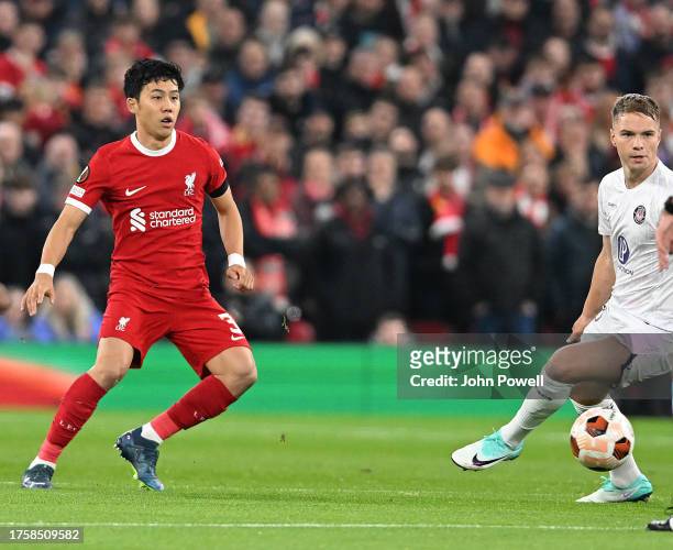 Wataru Endo of Liverpool in action the UEFA Europa League 2023/24 match between Liverpool FC and Toulouse FC at Anfield on October 26, 2023 in...