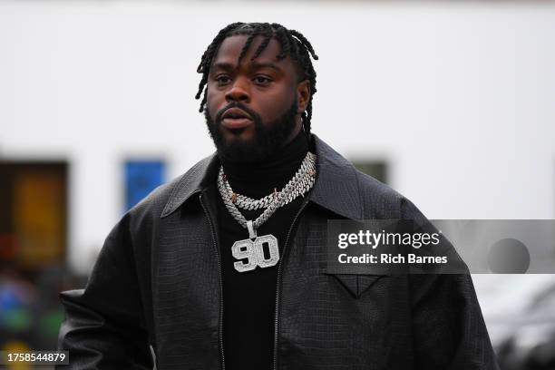 Shaq Lawson of the Buffalo Bills arrives prior to a game against the Tampa Bay Buccaneers at Highmark Stadium on October 26, 2023 in Orchard Park,...