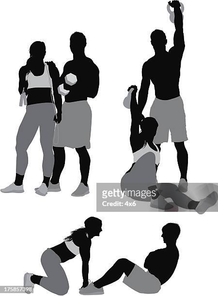 silhouette eines sport-paar ausübung - paar in sportkleidung stock-grafiken, -clipart, -cartoons und -symbole