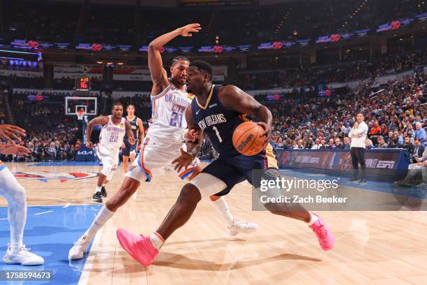 Zion Williamson of the New Orleans Pelicans drives to the basket during the game against the Oklahoma City Thunder on November 1, 2023 at Paycom...