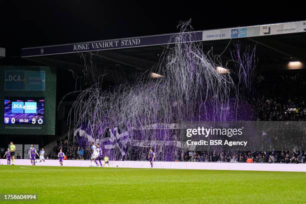 Confetti canon goes off during the Croky Cup match between Beerschot and Club Brugge KV at the Olympisch Stadion on November 1, 2023 in Antwerp,...