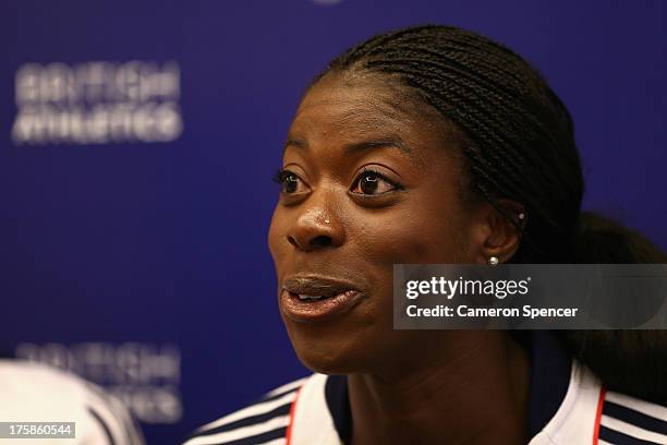 Christine Ohuruogu of Great Britain talks during a British Athletics press conference at the Crowne Plaza Hotel ahead of the 14th IAAF World...