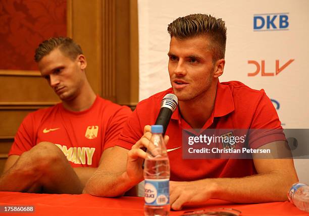 Rico Freimuth of Germany speaks during a press conference ahead of the 14th IAAF World Championships at the Golden Ring Hotel on August 9, 2013 in...