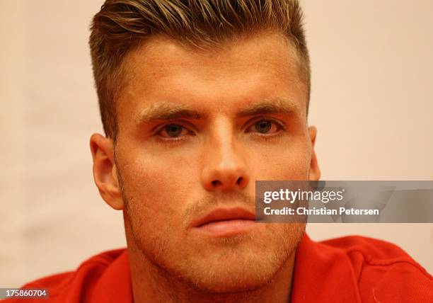 Rico Freimuth of Germany attends a press conference ahead of the 14th IAAF World Championships at the Golden Ring Hotel on August 9, 2013 in Moscow,...