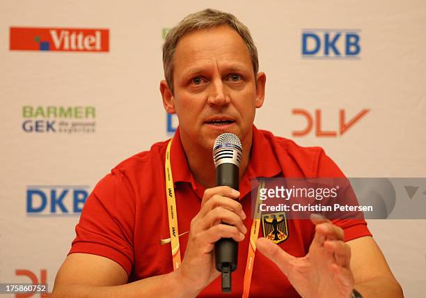 Sports Director Thomas Kurschilgen of Germany speaks at a press conference ahead of the 14th IAAF World Championships at the Golden Ring Hotel on...