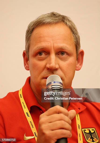 Sports Director Thomas Kurschilgen of Germany speaks at a press conference ahead of the 14th IAAF World Championships at the Golden Ring Hotel on...