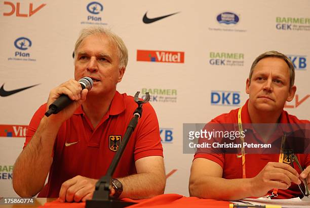 President of German track and field federation, Clemens Prokop speaks at a press conference ahead of the 14th IAAF World Championships at the Golden...