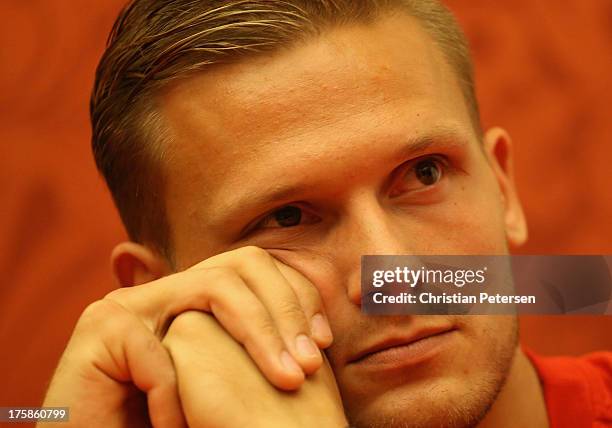 Pascal Behrenbruch of Germany attends a press conference ahead of the 14th IAAF World Championships at the Golden Ring Hotel on August 9, 2013 in...