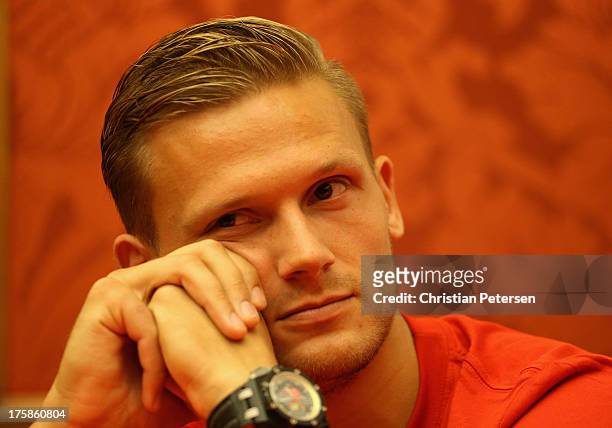 Pascal Behrenbruch of Germany attends a press conference ahead of the 14th IAAF World Championships at the Golden Ring Hotel on August 9, 2013 in...