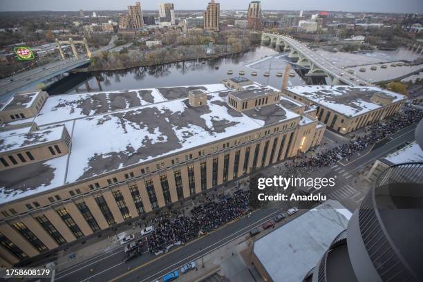 An aerial view of more than 1,000 protesters marching through the streets of Minneapolis to demand an end to the U.S. Support for Israel as U.S...