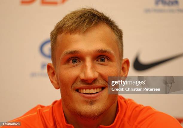 Michael Schrader of Germany attends a press conference ahead of the 14th IAAF World Championships at the Golden Ring Hotel on August 9, 2013 in...