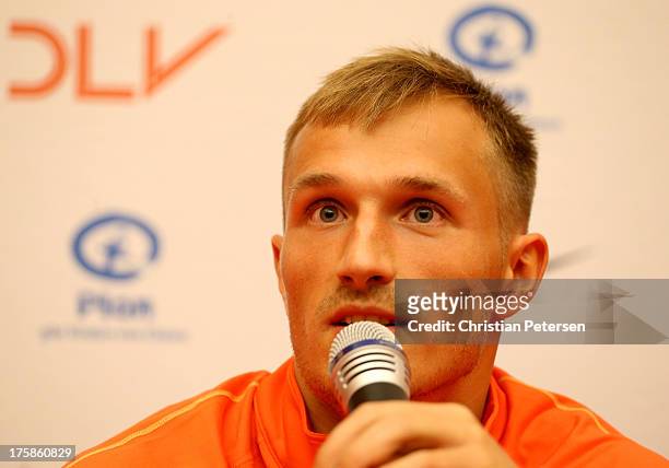 Michael Schrader of Germany speaks at a press conference ahead of the 14th IAAF World Championships at the Golden Ring Hotel on August 9, 2013 in...