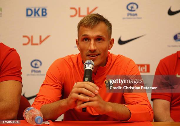 Michael Schrader of Germany speaks at a press conference ahead of the 14th IAAF World Championships at the Golden Ring Hotel on August 9, 2013 in...