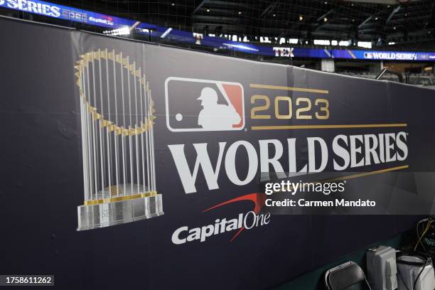 World Series signage is seen during the World Series Workout Day for the Texas Rangers and the Arizona Diamondbacks at Globe Life Field on October...