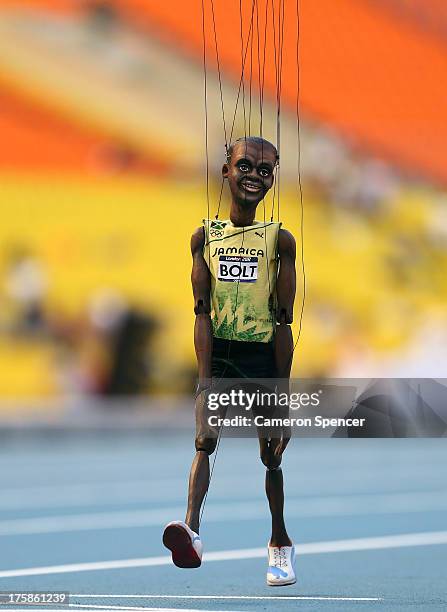 Usain Bolt of Jamaica puppet is seen on the track ahead of the 14th IAAF World Athletics Championships Moscow 2013 at the Luzhniki Sports Complex on...