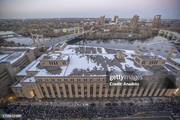 An aerial view of more than 1,000 protesters marching through the streets of Minneapolis to demand an end to the U.S. Support for Israel as U.S...