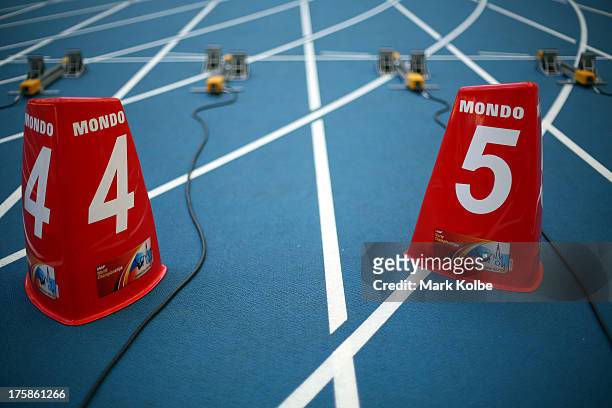 General view of the lane markers ahead of the 14th IAAF World Athletics Championships Moscow 2013 at the Luzhniki Sports Complex on August 9, 2013 in...
