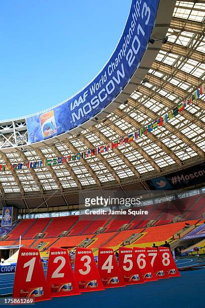 General view of the lane markers ahead of the 14th IAAF World Athletics Championships Moscow 2013 at the Luzhniki Sports Complex on August 9, 2013 in...