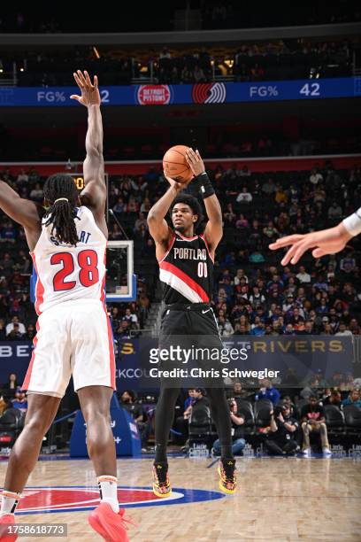 Scoot Henderson of the Portland Trail Blazers shoots the ball during the game against the Detroit Pistons on November 1, 2023 at Little Caesars Arena...