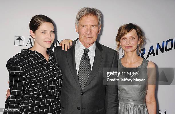 Actors Georgia Ford, Harrison Ford and Calista Flockhart arrive at the 'Paranoia' - Los Angeles Premiere at DGA Theater on August 8, 2013 in Los...