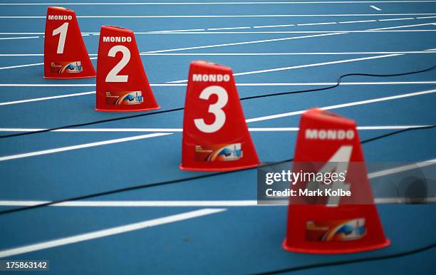 General view of the lane markers ahead of the 14th IAAF World Athletics Championships Moscow 2013 at the Luzhniki Sports Complex on August 9, 2013 in...