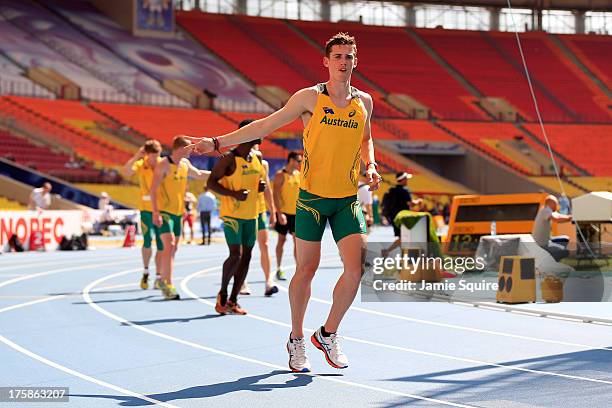 Jarrod Geddes of Australia warms up on the track ahead of the 14th IAAF World Athletics Championships Moscow 2013 at the Luzhniki Sports Complex on...
