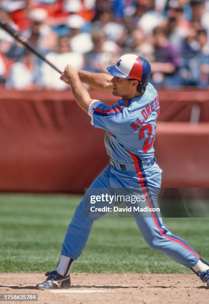 Mike Aldrete of the Montreal Expos bats during a Major League Baseball game against the San Francisco Giants in 1989 at Candlestick Park in San...