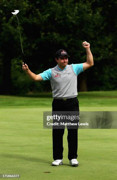 Matthew Cort of Rothley Park Golf Club celebrates winning the Powerade PGA Assistants' Championship at Coventry Golf Club on August 9, 2013 in...