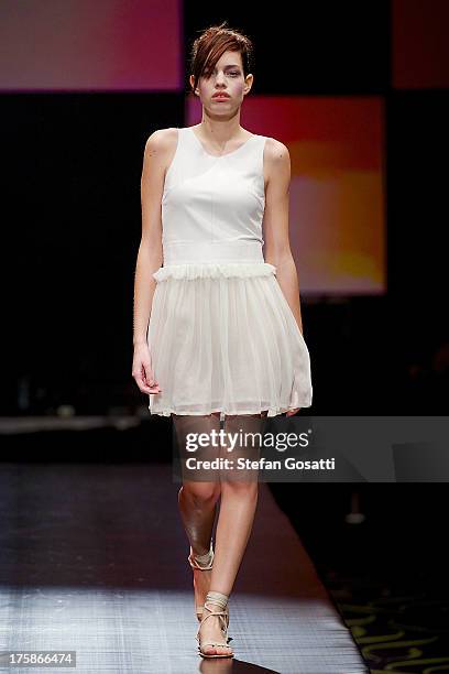 Model showcases designs by Flannel on the catwalk during StyleAID 2013 at Crown Perth on August 9, 2013 in Perth, Australia.