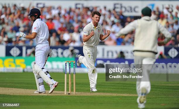 Australian bowler Jackson Bird celebrates taking the wicket of Alastair Cook during day one of 4th Investec Ashes Test match between England and...