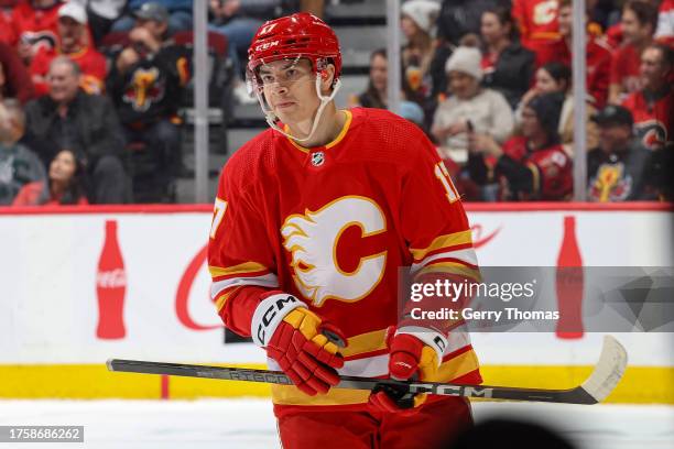 Yegor Sharangovich of the Calgary Flames skates between whistles against the Dallas Stars at Scotiabank Saddledome on November 1, 2023 in Calgary,...