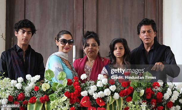 Bollywood actor Shahrukh Khan with his wife Gauri Khan, children Aryan and Suhana, as well as sister Shehnaz, make an appearance in front of Media on...