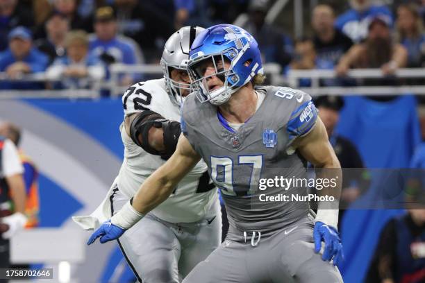 Detroit Lions defensive end Aidan Hutchinson is seen during the second half of an NFL football game between the Las Vegas Raiders and the Detroit...