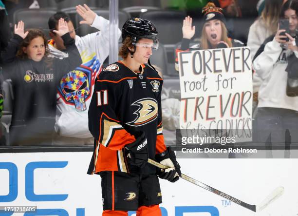 Trevor Zegras of the Anaheim Ducks looks on during warm ups prior to the game against the Arizona Coyotes at Honda Center on November 1, 2023 in...