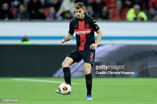 Josip Stanisic of Leverkusen runs with the ball during the UEFA Europa League Group H first leg match between Bayer 04 Leverkusen and Qarabag FK at...