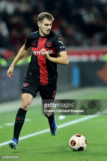 Josip Stanisic of Leverkusen runs with the ball during the UEFA Europa League Group H first leg match between Bayer 04 Leverkusen and Qarabag FK at...