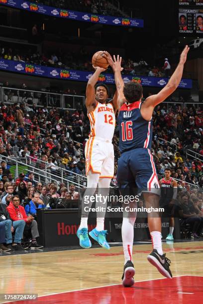 De'Andre Hunter of the Atlanta Hawks shoots the ball during the game against the Washington Wizards on November 1, 2023 at State Farm Arena in...