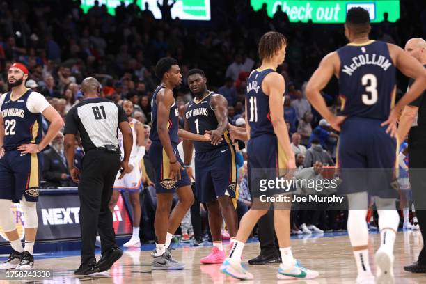 New Orleans Pelicans celebrate after the game against the Oklahoma City Thunder on November 1, 2023 at Paycom Arena in Oklahoma City, Oklahoma. NOTE...