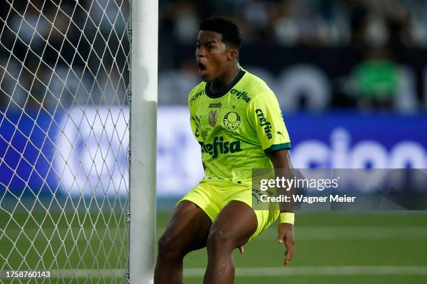 Endrick of Palmeiras celebrates after scoring the second goal of his team during the match between Botafogo and Palmeiras as part of Brasileirao 2023...