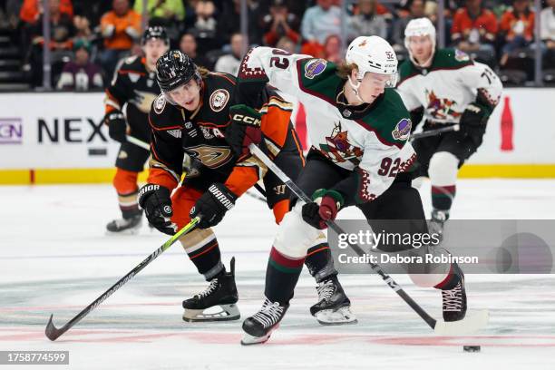 Troy Terry of the Anaheim Ducks and Logan Cooley of the Arizona Coyotes battle for the puck during the first period at Honda Center on November 1,...