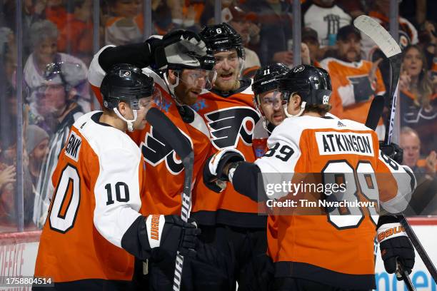 The Philadelphia Flyers react following a goal by Sean Couturier during the second period against the Minnesota Wild at Wells Fargo Center on October...