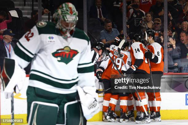 The Philadelphia Flyers react following a goal by Bobby Brink during the second period against the Minnesota Wild at Wells Fargo Center on October...