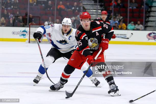 Grand Rapids Griffins defenceman Brogan Rafferty controls the puck as Cleveland Monsters center Brendan Gaunce defends from behind during the third...